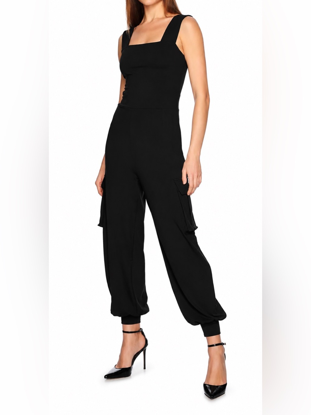 Susana Monaco Black Square Neck Cargo Jumpsuit